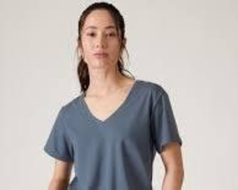 Athleta Essential V-Neck Tee Women Size XL Blue Supima Cotton Stretch 413154 EUC